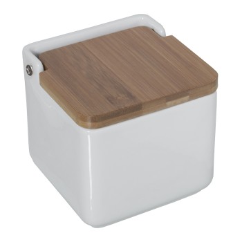 Salero Ceramica Blanco C/tapa Madera 12x12x12cm