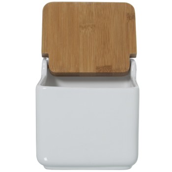 Salero Ceramica Blanco C/tapa Madera 12x12x12cm