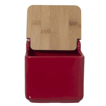 Saliera In Ceramica Con Coperchio In Legno - Rosso 12x12x12cm