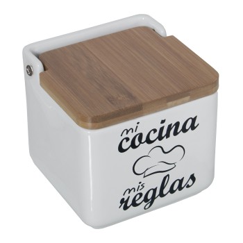 Ceramic Salt Cellar With Wooden Lid -mi Cocina Mis Reglas- 12x12x12cm