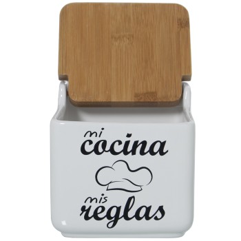 Ceramic Salt Cellar With Wooden Lid -mi Cocina Mis Reglas- 12x12x12cm