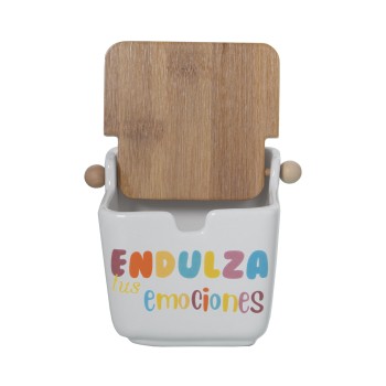 Ceramic Sugar Bowls With Wooden Lid -endulza Tus ...- 8,5x8,5x8,5cm