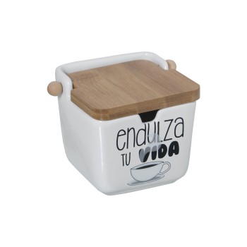 Ceramic Sugar Bowls With Wooden Lid -endulza Tu Vida- 8,5x8,5x8,5cm