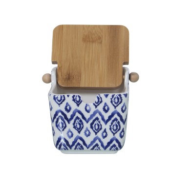 Azucarero Cerámica C/tapa Madera Blanco/azul 8,5x8,5x8,5cm