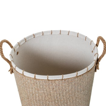 Set 2 Cestos Mimbre Natural Tela Blanca Ø40x53+ø36x48cm
