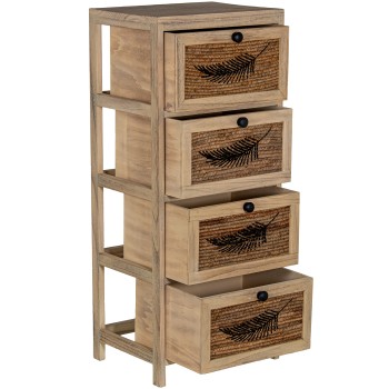 Cajonera Madera C/4 Cajones Mimbre Deco. Hoja, Madera Paulow 40x30x94cm Cajones:36x28x19cm