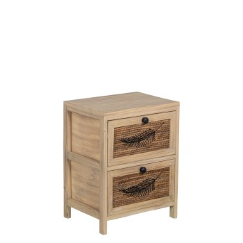 Cajonera Madera C/2 Cajones Mimbre Deco. Hoja, Madera Paulow 40x30x52cm Cajones:36x28x19cm