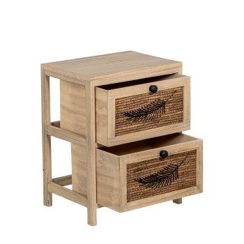 Cajonera Madera C/2 Cajones Mimbre Deco. Hoja, Madera Paulow 40x30x52cm Cajones:36x28x19cm