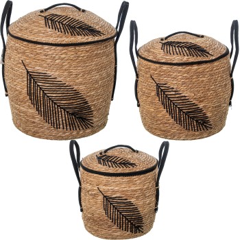 Set 3 Cestos Mimbre C/tapa Natural Deco. Hoja Negra Ø42x50+ø35x39cm+ø31x29cm