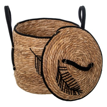 Set 3 Cestos Mimbre C/tapa Natural Deco. Hoja Negra Ø42x50+ø35x39cm+ø31x29cm