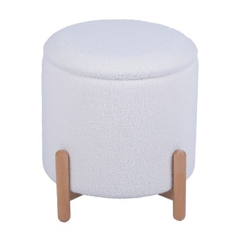 Puf Almacenamiento Tapizado Blanco C/patas Madera Natural Ø41x40cm