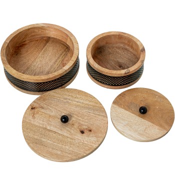 Set 2 Boîtes En Bois/métal Noir Ø20x8+ø15x8cm