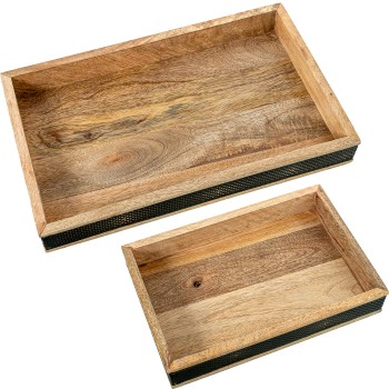 Set 2 Plateaux Rectangulaires En Bois Et Métal Noir 38x23x5++30x20x5cm