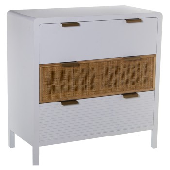 White Wooden And Rattan Chest Of 3 Drawers- 80x40x82cm, Abeto+dm+ratán