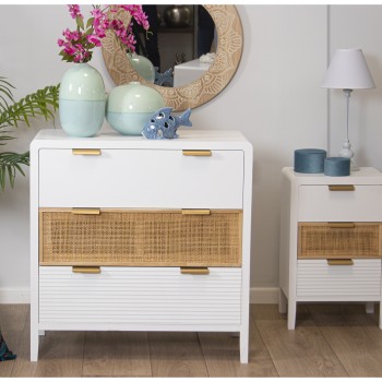 White Wooden And Rattan Chest Of 3 Drawers- 80x40x82cm, Abeto+dm+ratán