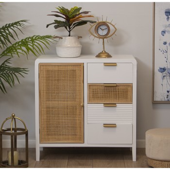 Mueble Entrada Madera 4 Cajones+puerta Blanco/ratán 80x40x82cm, Abeto+dm+ratán