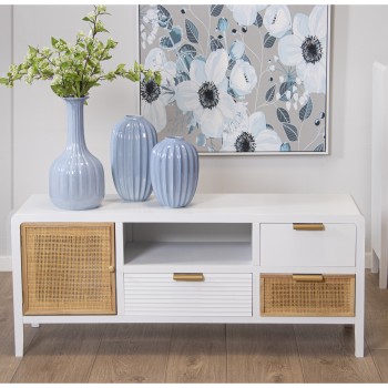 Mueble Tv Madera 2 Cajones+puerta Blanco/ratán 120x40x50cm, Abeto+dm+ratán