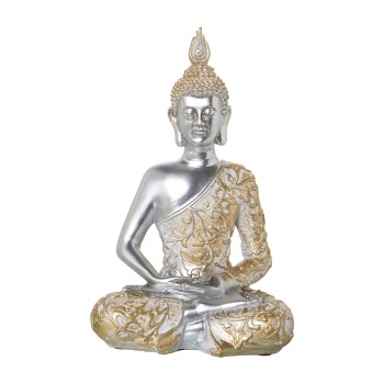 Silver Resin Buddha With Golden Tunic Figure- 17x11x28cm