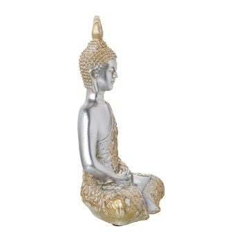 Silver Resin Buddha With Golden Tunic Figure- 17x11x28cm