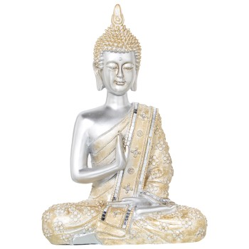 Figura Resina Buda Plateado Túnica Dorada 27x15x41cm