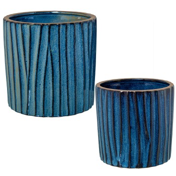 Set 2 Vasos De Cerâmica Azul Lacado Com Riscas Ø18x18+ø15x15cm