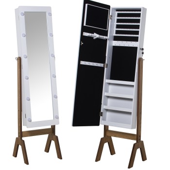 White Wooden Jewelry Cabinet Mirror W/wooden Feet And Led Lights 40x37x155cm Mirrror:25x109cm