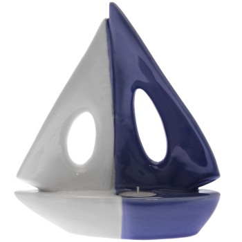 Statuette Porte-bougie En Céramique - Bateau - Blanc Et Bleu- 22x8,5x23cm