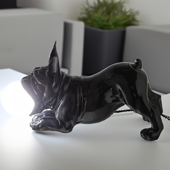 Lampe À Poser Résine Chien Noir Brillant, Ampoule Led 1xg9 Incluse