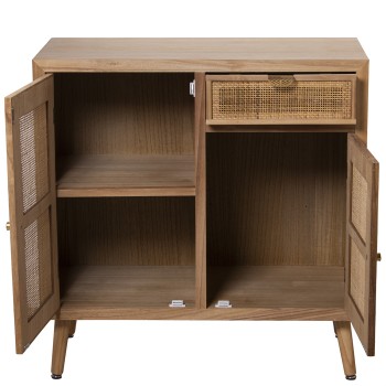 Mobile Da Ingresso In Legno Con 2 Ante E Cassetto In Rattan - Naturale- 80x40x81cm, Alt. Patas:16cm