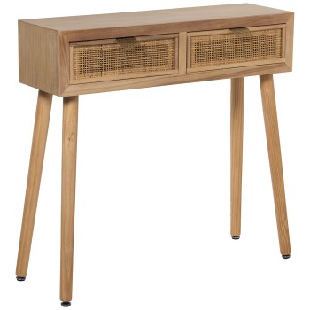 Consolle Da Ingresso In Legno Con 2 Cassetti In Rattan - Naturale- 80x25x78cm, Alt. Patas:60cm