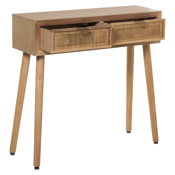 Consolle Da Ingresso In Legno Con 2 Cassetti In Rattan - Naturale- 80x25x78cm, Alt. Patas:60cm