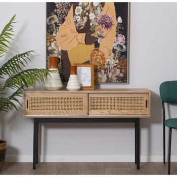 Wooden And Wicker 2 Drawers Console Table + Metal Legs- 120x30x75cm, Fresno+dm