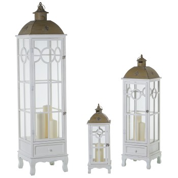 Set 3 Faroles Madera/metal Blanco, Abeto+hierro+cristal 21x21x64+28x28x102+26x26x149c