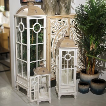 Set De 3 Lanternes En Bois Et Métal - Blanc - Épicéa + Fer + Verre- 21x21x64+28x28x102+26x26x149cm