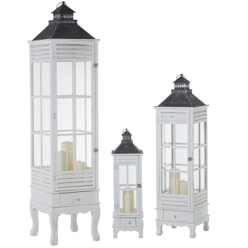 Set De 3 Lanternes En Bois Et Verre - Blanc - Épicéa + Fer + Verre- 36x36x160+29x29x108+21x21x72cm