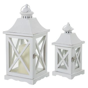 Set De 6 Lanternes En Bois, Métal Et Verre - Blanc (3 Sets De 2 Unités)- 20x20x44+13x13x31cm