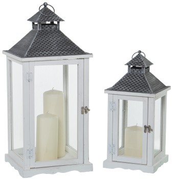 Set 2 Faroles Madera/metal/cristal Blanco 26x26x59+19x19x42cm