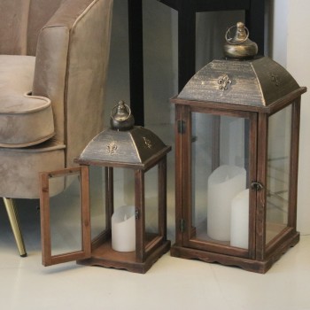 Set De 4 Lanternes En Bois, Métal Et Verre - Marron (2 Sets De 2 Unités)- 26x26x59+19x19x42cm