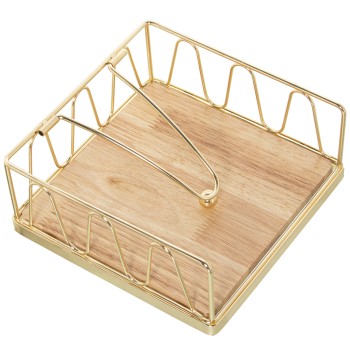 Portatovaglioli In Metallo Dorato Con Base In Legno- 18x18x8cm