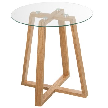 Glass And Natural Wooden Legs Side Table - Tempered Glass: 5mm- Ø48x51cm, Madera De Roble