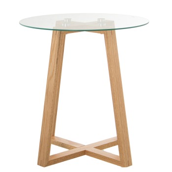 Glass And Natural Wooden Legs Side Table - Tempered Glass: 5mm- Ø48x51cm, Madera De Roble