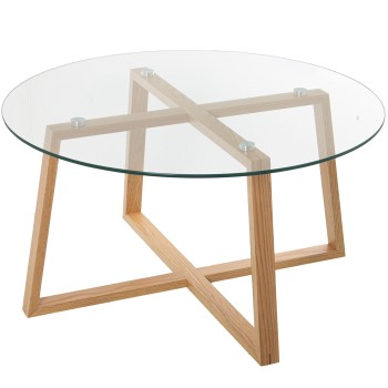 Glass With Natural Wooden Legs Coffee Table - Tempered Glass: 8mm- Ø78x41cm, Madera De Roble