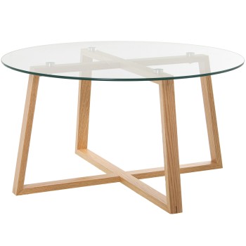 Glass With Natural Wooden Legs Coffee Table - Tempered Glass: 8mm- Ø78x41cm, Madera De Roble