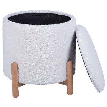 Pufe Estofado Branco Com Pernas Em Madeira Natural / Função De Arrumação_ø41x40cm